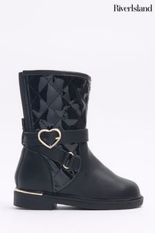 River Island Black Girls Heart Buckle Knee High Boots (Q68173) | $56