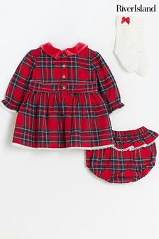 River Island Red Baby Girls Velvet Check Dress (Q68191) | €18.50