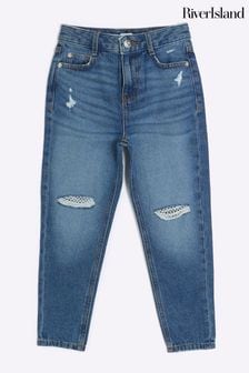 River Island Blue Mom Girls Diamante Fishnet Knee Jeans (Q68195) | €29 - €40