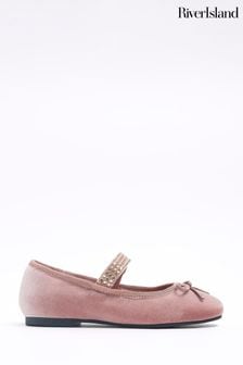 粉色亮蝴蝶 - River Island 女童天鹅绒镶钻带帽泵鞋 (Q68261) | NT$1,170