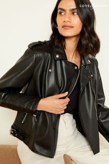 Love & Roses Black Petite Faux Leather Buckle Biker Jacket (Q68288) | $110