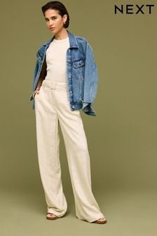 Нейтральный - Широкие льняные брюки с поясом (Q68432) | €38