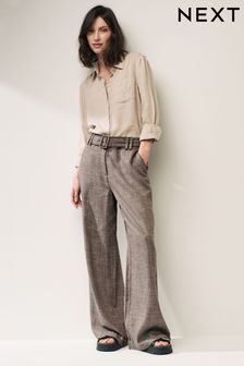 Chocolate Brown Belted Wide Leg Trousers With Linen (Q68442) | SGD 63