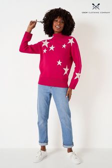 Czerwony bawełniany sweter Crew clothing company z nadrukiem w gwiazdy (Q68538) | 217 zł