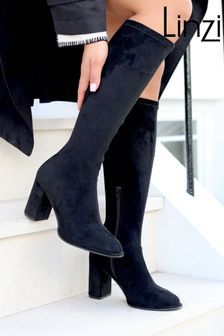 Linzi Black Kylie Stretch Suede Long Block Heeled Boots With Round Toe (Q68729) | kr920