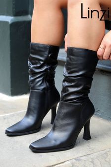 Linzi Black Ember Mid Length Ruched Heeled Boots With Square Toe (Q68769) | SGD 87