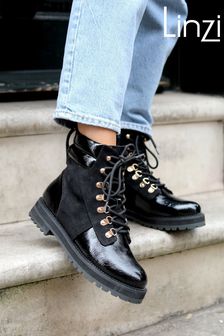 Linzi Black Astrid Military Boots With Shearling Detail and Gold Eyelets (Q68786) | $67