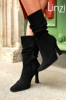 Linzi Black Ember Mid Length Ruched Heeled Boots With Square Toe (Q68807) | €60