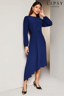 Lipsy Navy Blue Long Sleeve Asymmetric Pleated Midi Dress (Q68835) | ₪ 174