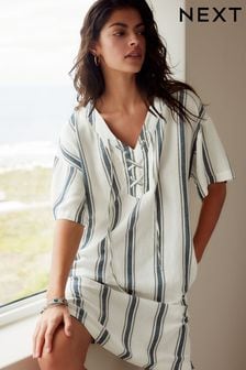 White/Blue Oversized Cover Up Kaftan With Linen (Q68874) | €33