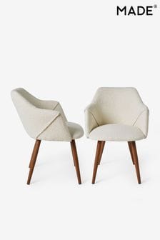 MADE.COM Set of 2 White Boucle and Walnut Legs Lule Arm Dining Chairs (Q68963) | €377