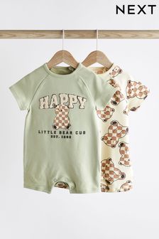 Sage Green Bear Jersey Baby Rompers 2 Pack (Q69072) | $20 - $27