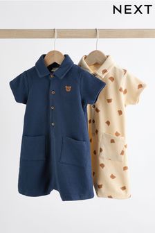 Navy Blue/Cream Bear Collar Jersey Rompers 2 Pack (Q69161) | $24 - $27