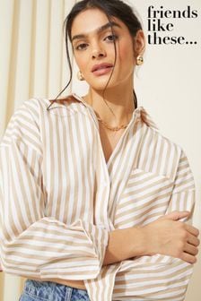 Friends Like These Cream Stripe Cotton Poplin Long Sleeve Button Through Shirt (Q69170) | $58