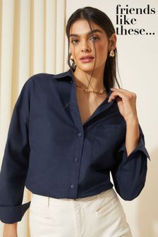 Friends Like These Navy Blue Cotton Poplin Long Sleeve Button Through Shirt (Q69173) | ₪ 146