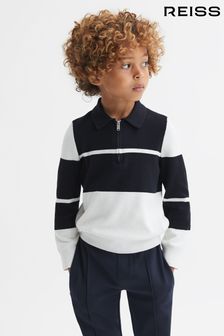 Reiss Navy/White Tokyo Teen Slim Fit Half-Zip Long Sleeve Polo Shirt (Q69181) | $107