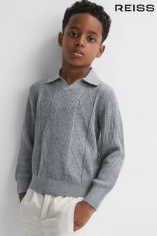 Reiss Soft Grey Melange Malik Teen Knitted Open-Collar Top (Q69203) | €70