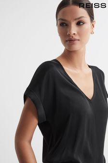 Reiss Black Natalia Silk-Front V-Neck T-Shirt (Q69242) | 903 SAR