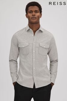 Reiss Soft Grey Melange Ragan Textured Button-Through Shirt (Q69262) | ₪ 802