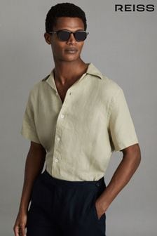 Reiss Chartreuse Beldi Relaxed Linen Cuban Collar Shirt (Q69275) | $156