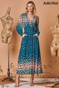 Modra - Jolie Moi dolga obleka s simetričnim potiskom in mrežico (Q69284) | €108