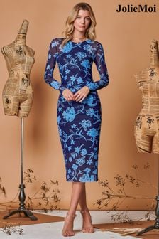 Jolie Moi Blue Long Sleeve Mesh Bodycon Maxi Dress (Q69294) | €86