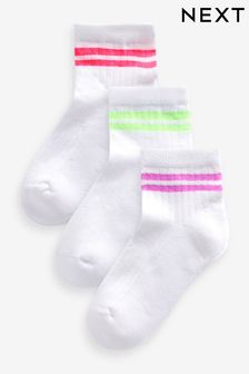 White with fluorescent stripe Cropped Length Cotton Rich Cushioned Sole Ankle Socks 3 Pack (Q69433) | €7 - €8