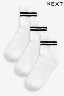 White Black Stripe Mid Length Cotton Rich Cushioned Sole Ankle Socks 3 Pack (Q69436) | kr84 - kr99