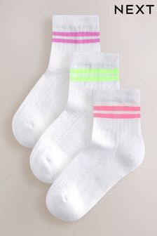 White with fluorescent stripe Mid Length Cotton Rich Cushioned Sole Ankle Socks 3 Pack (Q69445) | SGD 10 - SGD 12