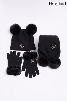 River Island Black Girls Flower Double Pom Bundle Hat, Gloves & Scarf Sets (Q69616) | €18.50
