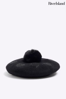 River Island Black Girls Heart Heatseal Beret Hat (Q69620) | AED68