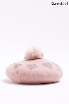 River Island Pink Girls Heart Heatseal Beret Hat (Q69632) | OMR6