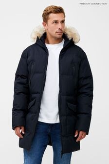 French Connection Dark Navy Blue Faux Fur Trim Parka (Q69751) | $154