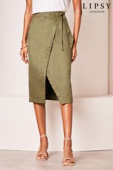 Lipsy Khaki Green Suedette Wrap Midi Skirt (Q69808) | AED201