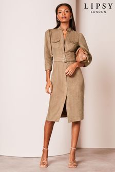 Lipsy Tan Suedette Collarless 3/4 Sleeve Belted Shirt Dress (Q69830) | 354 SAR