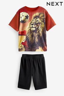 Czerwony z motywem lwa i piłki nożnej - Krótka piżama pojedyncza (3-16 lat) (Q69864) | 70 zł - 100 zł