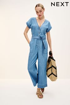 Mid Blue Lightweight Denim Wide Leg Jumpsuit (Q70015) | SGD 80