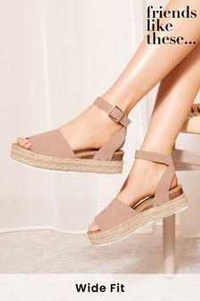 Friends Like These Taupe Brown Wide FIt Peep Toe Faux Suede Flatform Espadrille Sandal (Q70050) | €36