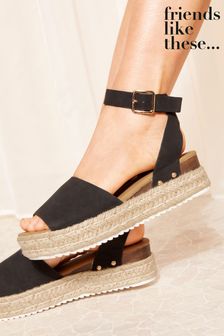 Friends Like These Black Regular Fit Peep Toe Faux Suede Flatform Espadrille Sandal (Q70058) | €50