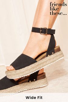 Friends Like These Black Wide FIt Peep Toe Faux Suede Flatform Espadrille Sandal (Q70059) | AED177