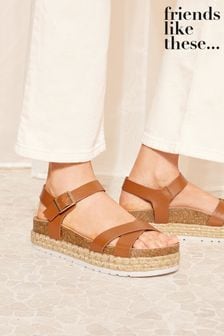 Friends Like These Brown Regular Fit Cross Strap Faux Leather Flatform Foot Bed Sandal (Q70068) | €38