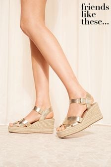 Friends Like These Gold Square Toe Espadrille Faux Leather Wedge Sandal (Q70098) | 178 QAR