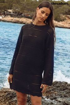 Black - Threadbare Crochet Long Sleeved Mini Dress (Q70180) | kr620