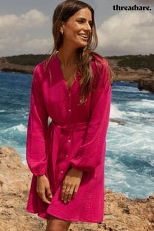 Threadbare Pink Grandad Collar Belted Shirt Dress (Q70271) | AED200