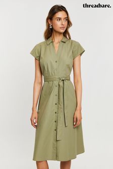 Threadbare Green Cotton Poplin Belted Midi Dress (Q70312) | kr454