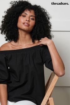 Threadbare Black Bardot Puff Sleeve Top (Q70315) | $43