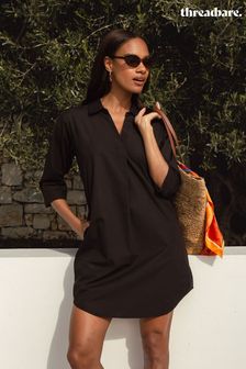 Threadbare Black Cotton Poplin V-Neck Shirt Dress (Q70331) | AED144