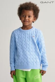 Bleu - Pull Gant Kids Shield en maille torsadée de coton à col ras du cou (Q70439) | €82