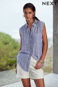 Blue/White Stripe Sleeveless Ruched Side Linen Blend Shirt (Q70464) | $45