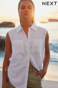 White Sleeveless Ruched Side Linen Blend Shirt (Q70467) | $36